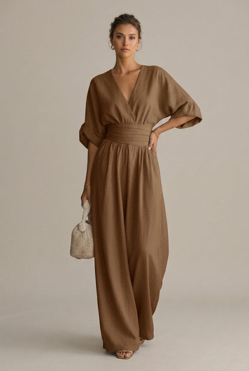 Jumpsuit Damen Wickeloptik | Overall Damen V-Ausschnitt Weitbein | Sommer Jumpsuit Damen Dreiviertelärmel