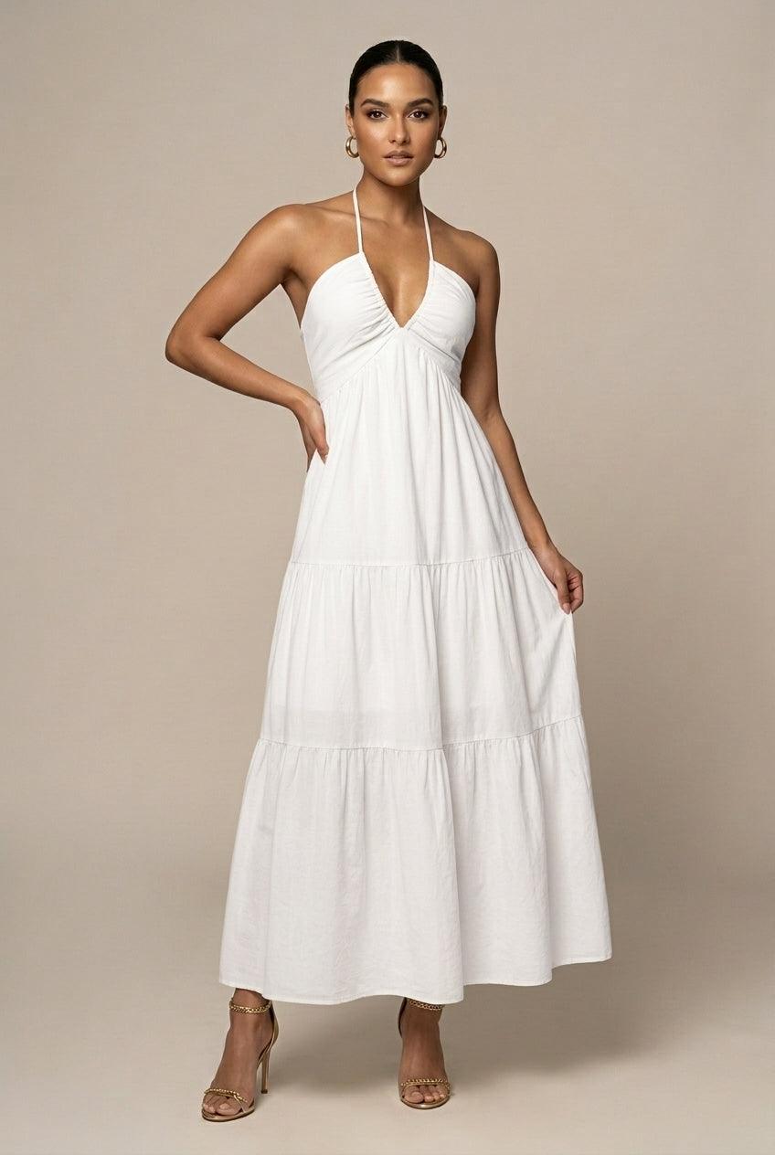 Strandkleider Damen Maxi Neckholder | Sommerkleid Damen Rueckenausschnitt Volant | Maxikleid Damen Gestuft Fliessend