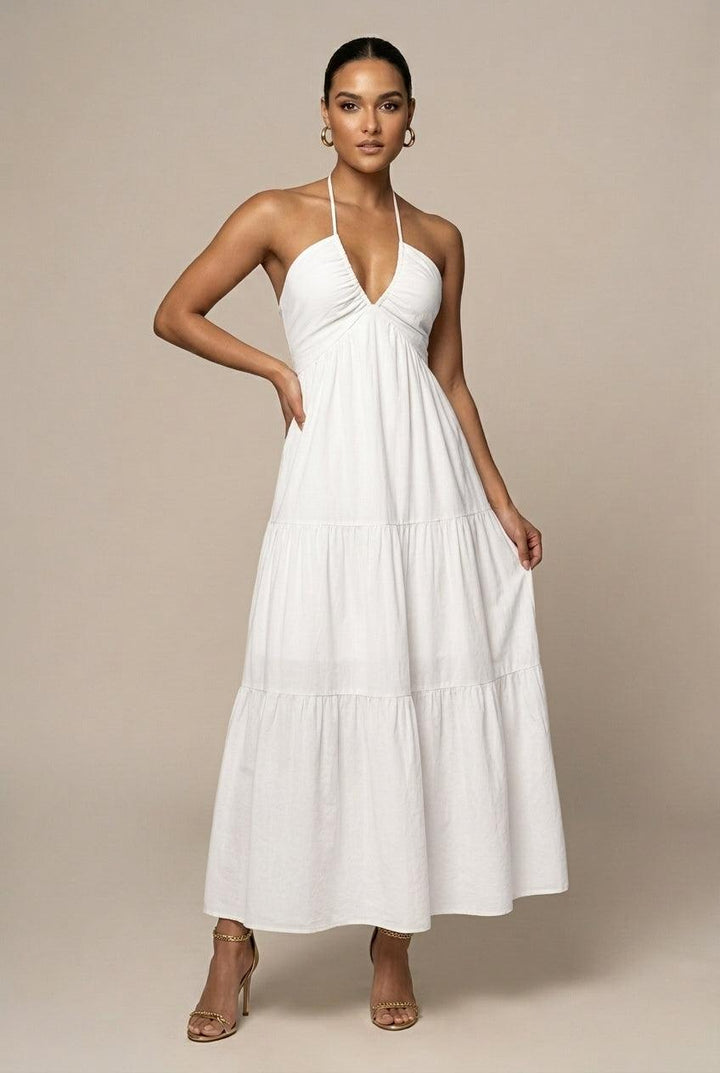 Strandkleider Damen Maxi Neckholder | Sommerkleid Damen Rueckenausschnitt Volant | Maxikleid Damen Gestuft Fliessend