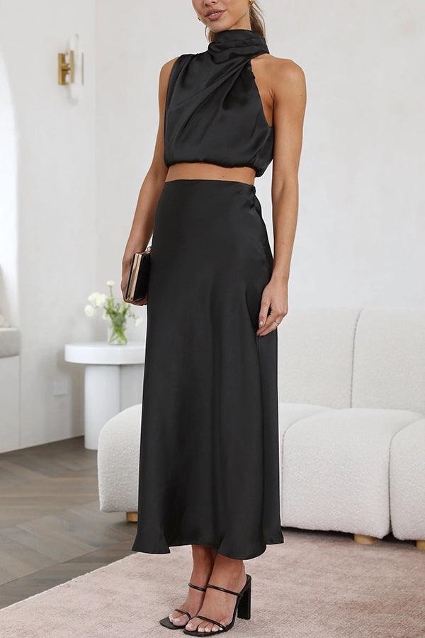 Satin Zweiteiler Damen Set | Maxirock Damen Halter Top | Hochzeitsgast Outfit Damen Zweiteiler