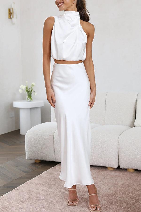 Satin Zweiteiler Damen Set | Maxirock Damen Halter Top | Hochzeitsgast Outfit Damen Zweiteiler