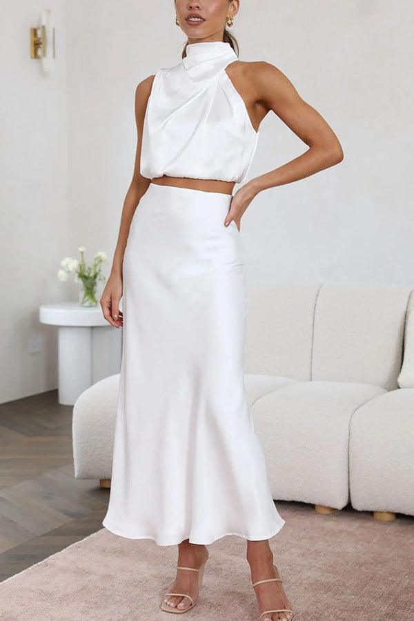 Satin Zweiteiler Damen Set | Maxirock Damen Halter Top | Hochzeitsgast Outfit Damen Zweiteiler