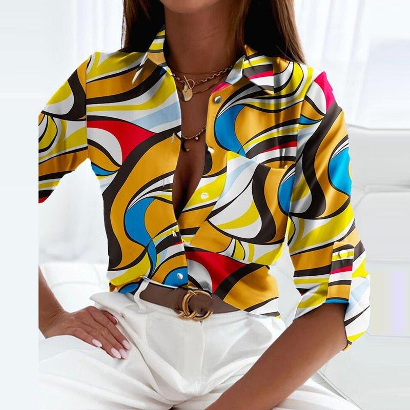 Blusen Damen Langarm Muster | Bluse Damen Kragen Geometrisch | Freizeitbluse Damen Rollarmel Gemustert