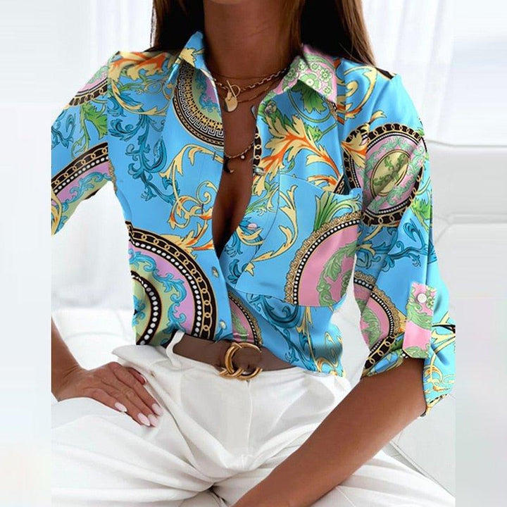 Blusen Damen Langarm Muster | Bluse Damen Kragen Geometrisch | Freizeitbluse Damen Rollarmel Gemustert