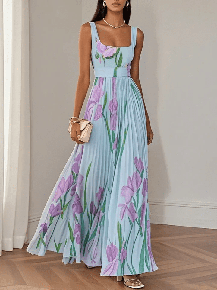Maxikleid Damen Blumen Quadratausschnitt | Sommerkleid Damen Aermellos Empire Taille | Abendkleider Hochzeit Blumenmaxi