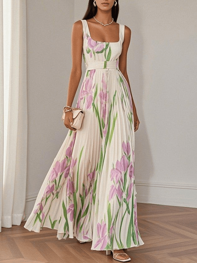 Maxikleid Damen Blumen Quadratausschnitt | Sommerkleid Damen Aermellos Empire Taille | Abendkleider Hochzeit Blumenmaxi