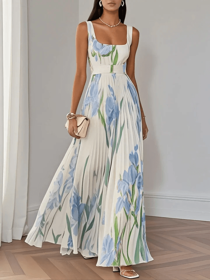 Maxikleid Damen Blumen Quadratausschnitt | Sommerkleid Damen Aermellos Empire Taille | Abendkleider Hochzeit Blumenmaxi