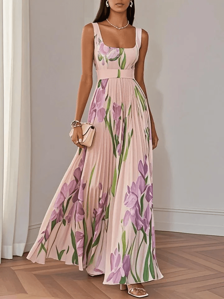 Maxikleid Damen Blumen Quadratausschnitt | Sommerkleid Damen Aermellos Empire Taille | Abendkleider Hochzeit Blumenmaxi