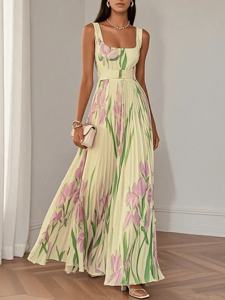 Maxikleid Damen Blumen Quadratausschnitt | Sommerkleid Damen Aermellos Empire Taille | Abendkleider Hochzeit Blumenmaxi