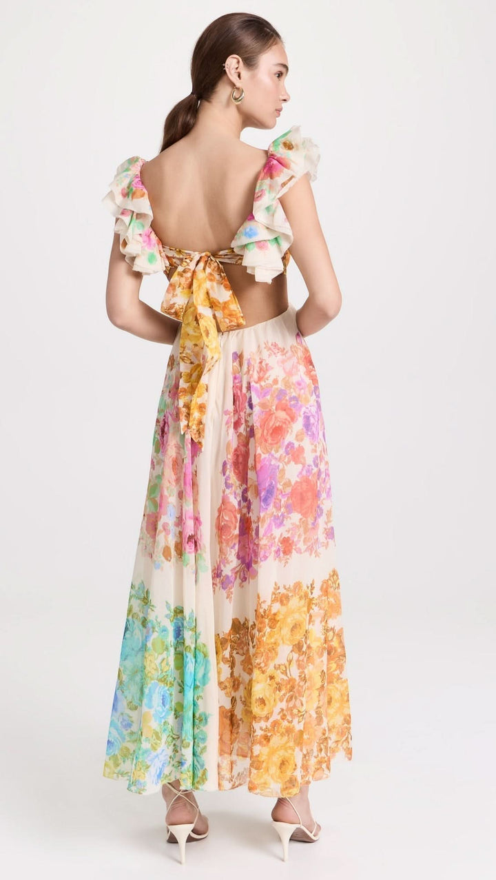 Hochzeitsgast Kleid Damen V-Ausschnitt | Maxikleid Damen Blumen Rüschenärmel | Festliches Kleid Damen Offener Rücken