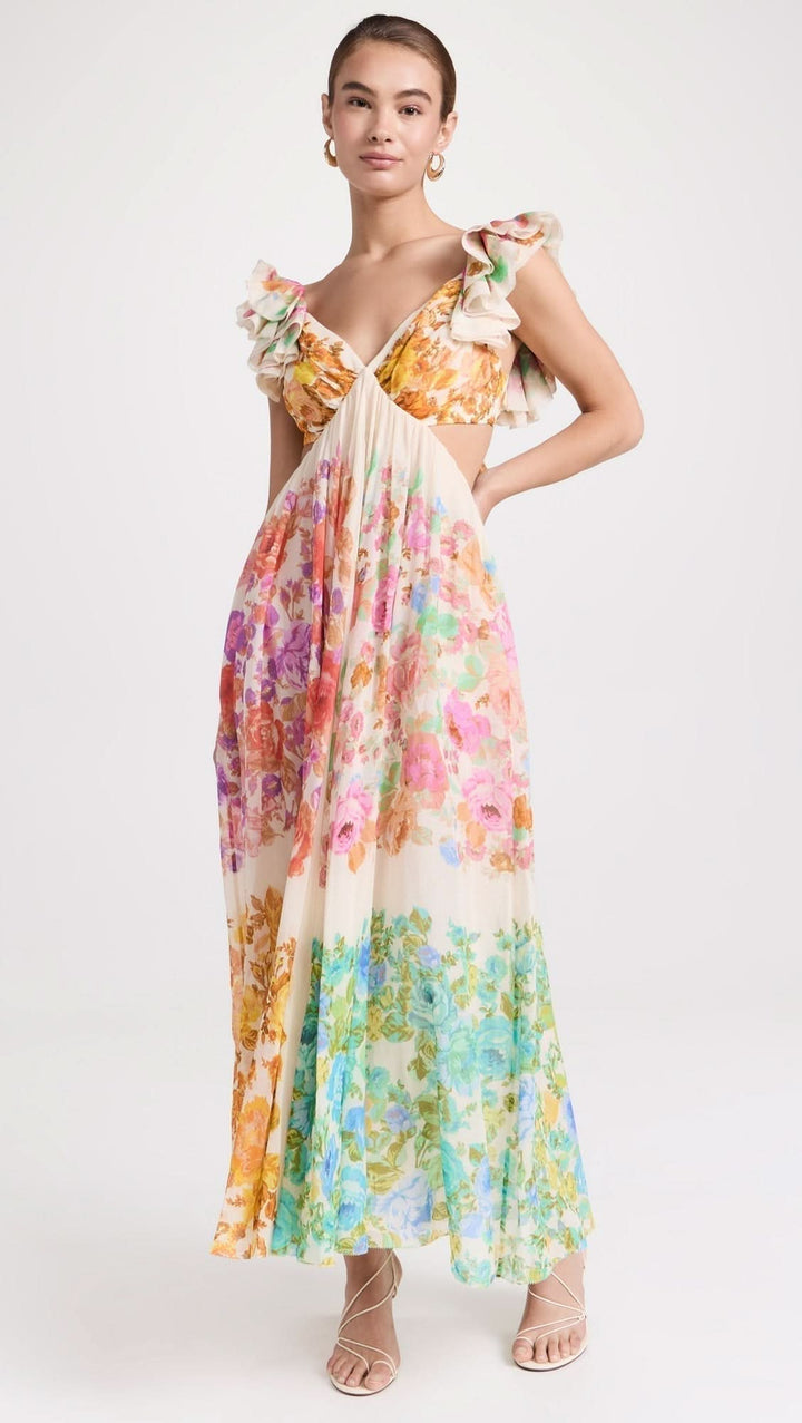 Hochzeitsgast Kleid Damen V-Ausschnitt | Maxikleid Damen Blumen Rüschenärmel | Festliches Kleid Damen Offener Rücken