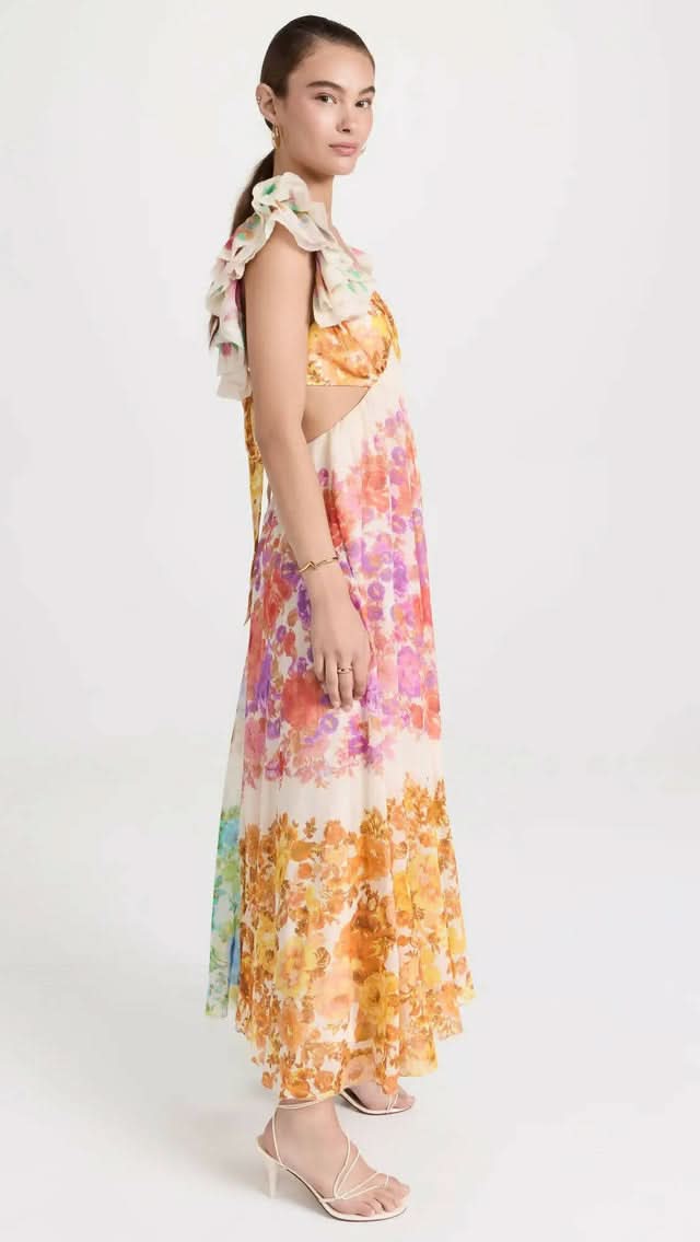 Hochzeitsgast Kleid Damen V-Ausschnitt | Maxikleid Damen Blumen Rüschenärmel | Festliches Kleid Damen Offener Rücken